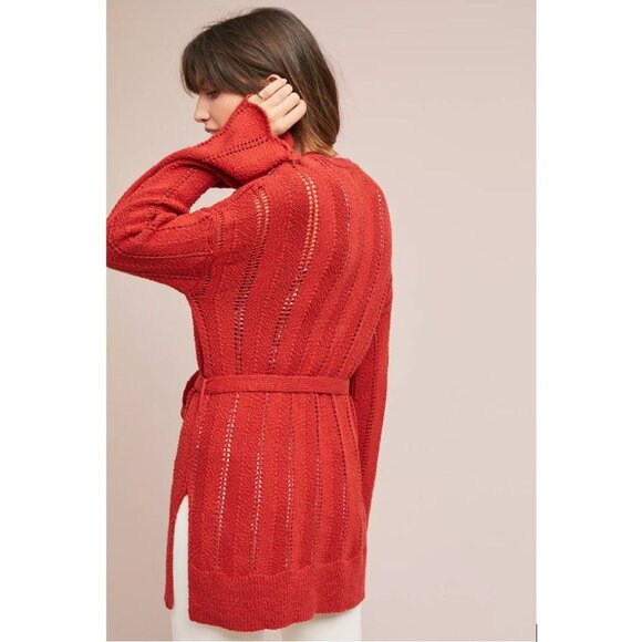 Meadow Rue | Anthropologie Priscilla Pointelle Cardigan in Rust Red | Size Small - Picture 4 of 13